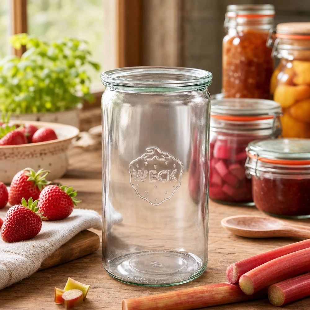 1590ml válcová sklenice se skleněným víčkem WECK RR100 WECK Einmachglas 1590ml in rustikaler Küche mit Marmeladengläsern Erdbeeren Rhabarber Kochzubehör Glasdeckel