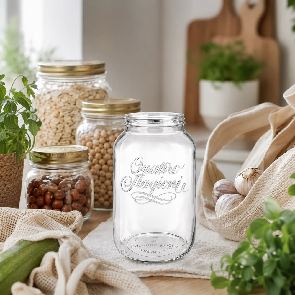 3800ml kulatá zavařovací sklenice "Quattro Stagioni" QS110mm Quattro Stagioni Haushaltsglas 3800ml zur Aufbewahrung von Lebensmitteln in rustikaler Küche mit Vorratsgläsern
