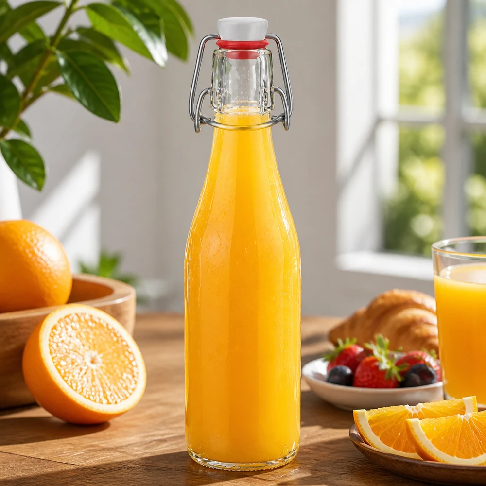 250ml skleněná láhev + výkyvný vršek PVC UNiTWIST 250ml Glasflasche mit Bügelverschluss gefüllt mit Orangensaft, dekorative Küchenszene mit frischen Orangen und Beeren