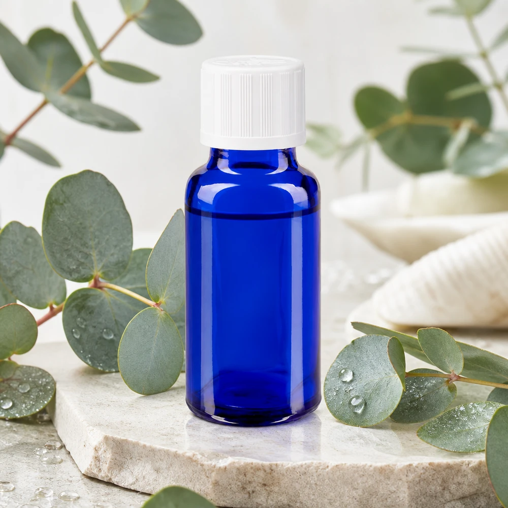 Lékárenská lahvička modrá 20ml šroubovací uzávěr bílý standard odolný proti otevření dětmi. Blaues UV-Schutzglas Apothekerfläschchen 20ml weißer Verschluss umgeben von frischen Eukalyptusblättern