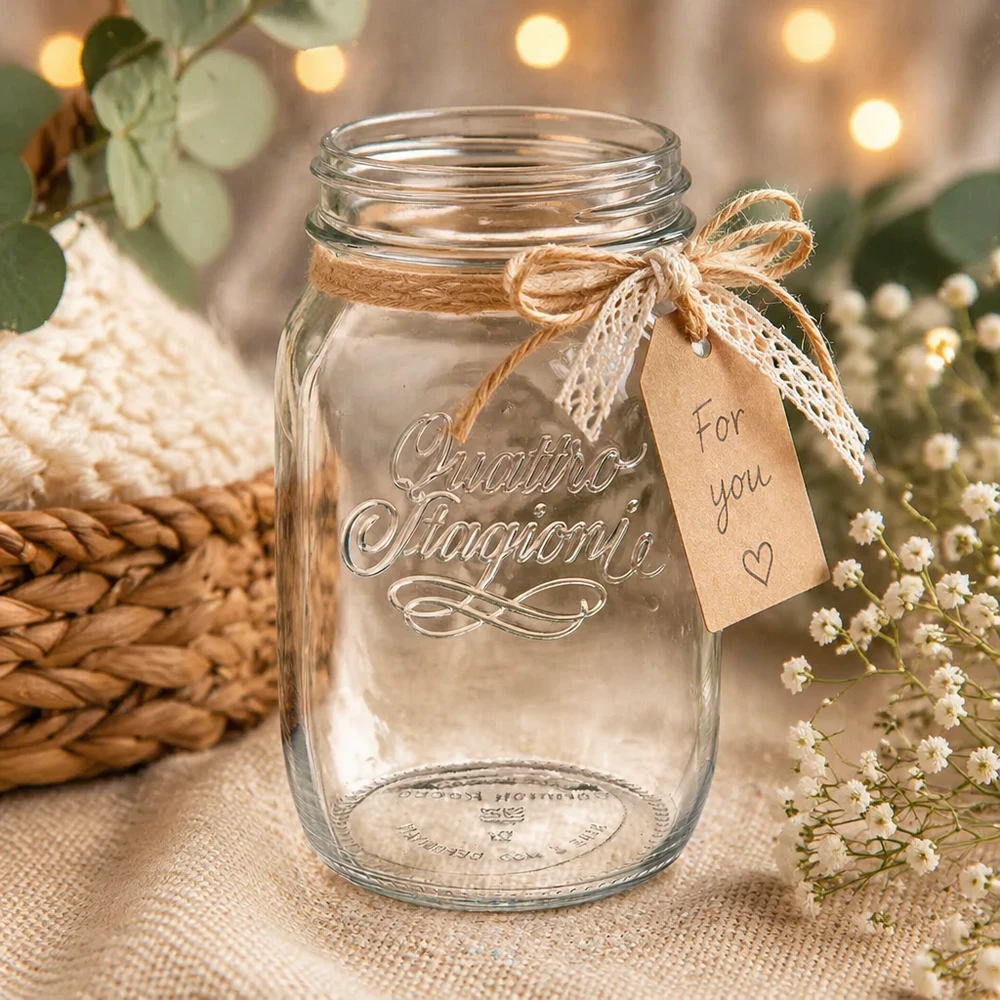 1000ml Quattro Stagioni Haushaltsglas mit rustikaler Dekoration und For You Anhänger auf natürlichem Hintergrund