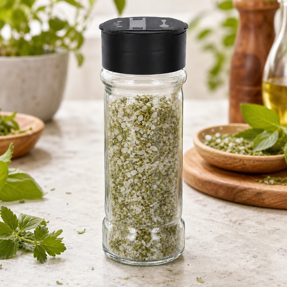 Gewürzglas 100ml Klarglas mit schwarzem Deckel und Kräutersalz in Küchenumgebung