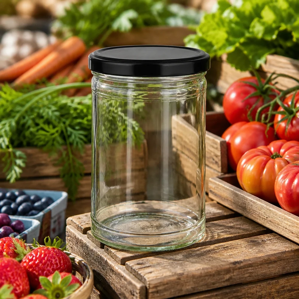 Leeres 1053ml Sturzglas mit schwarzem Deckel auf Holzbrett umgeben von frischem Gemüse Tomaten Karotten Erdbeeren