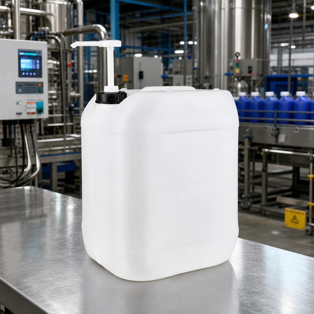 Kanystr o objemu 20 litrů s dávkovacím čerpadlem Milchweißer Vorratsbehälter 20 Liter mit Dosierpumpe in professioneller Produktionsumgebung