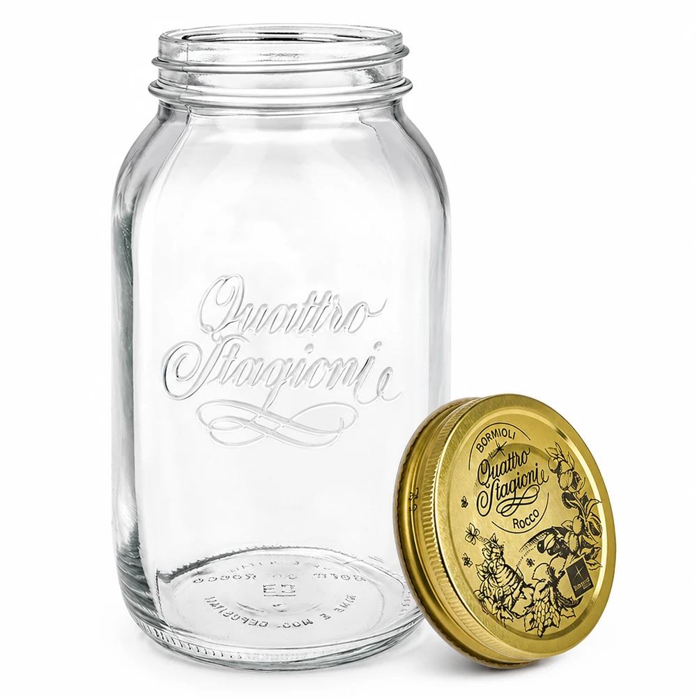 1500ml kulatá sklenice "Quattro Stagioni" s víčkem Quattro Stagioni 1500ml Einmachglas mit separatem goldenen Deckel detailansicht italienisches Konservenglas
