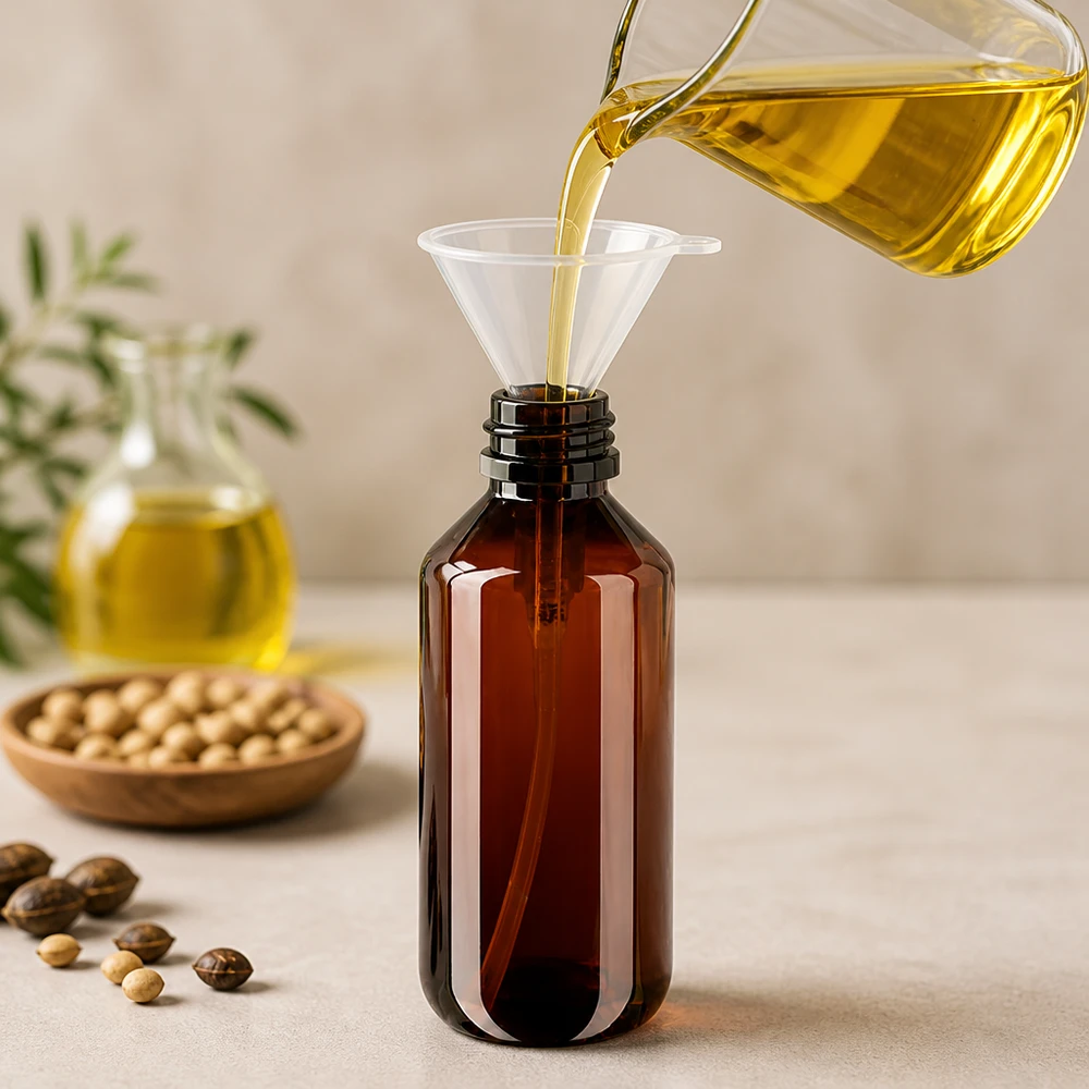 Jantarově zbarvená PET láhev o objemu 200 ml se plní žlutým rostlinným olejem pomocí nálevky