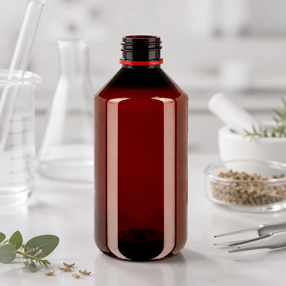 Prázdná hnědá PET láhev o objemu 750 ml s červeným bezpečnostním uzávěrem na bílé laboratorní desce