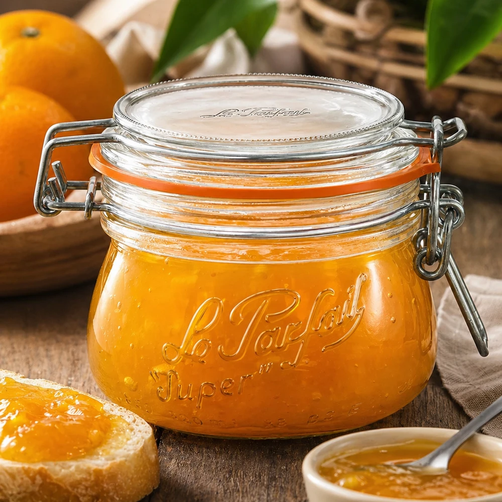 250ml Vorratsglas "Super" mit Bügelverschluss Le Parfait® 250ml Le Parfait Super Vorratsglas mit Bügelverschluss gefüllt mit Orangenmarmelade auf Holztisch mit frischen Orangen
