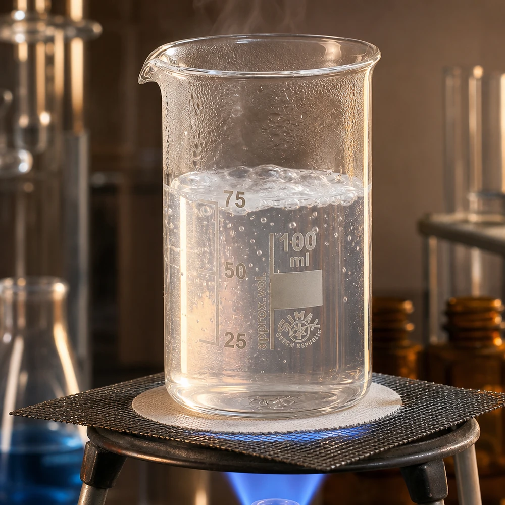 Kádinka z borosilikátového skla o objemu 100 ml, vysoký tvar Graduiertes Laborglas 100ml hohe Form mit siedender Flüssigkeit bei 75ml Füllstand