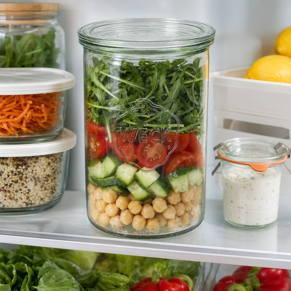 WECK Sturzglas 1000ml RR100 im Kühlschrank mit Salat-Meal-Prep neben anderen Vorratsgläsern mit Kichererbsen