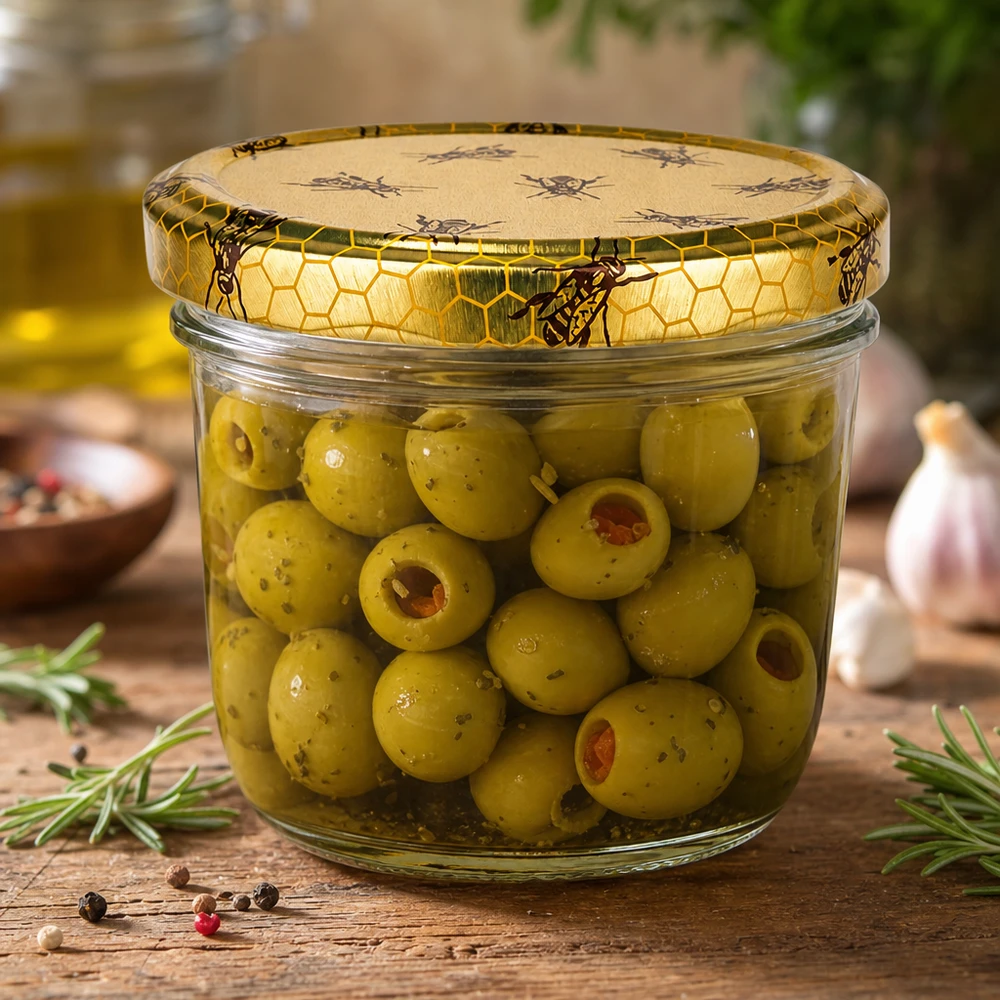 Skleněná nádoba 230ml + víčko BasicSeal voština UNiTWIST. Sturzglas 230ml mit Bienenwaben-Deckel gefüllt mit grünen Oliven als Anwendungsbeispiel für Konservierung