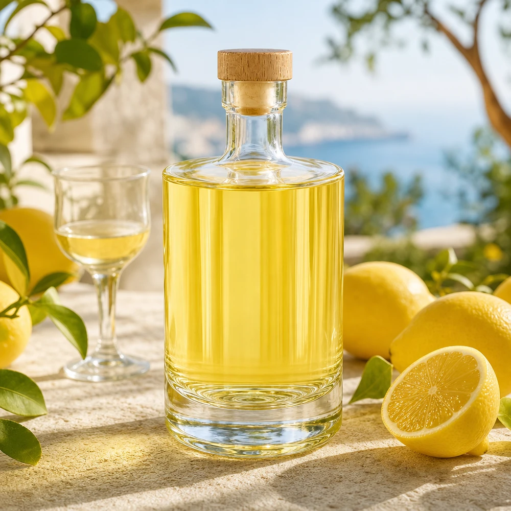 Glasflasche Marie befüllt mit gelbem Likör neben Zitronen - stilvolle Präsentation für Limoncello und Spirituosen