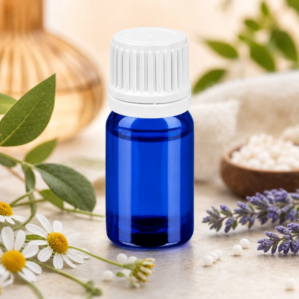 5ml láhev 11mm šroubovací uzávěr bílý uzávěr s ochranou proti manipulaci BlueLine UT18/5 Elegante 5ml Flasche in Apothekerqualität mit weißem Verschluss für Wellness
