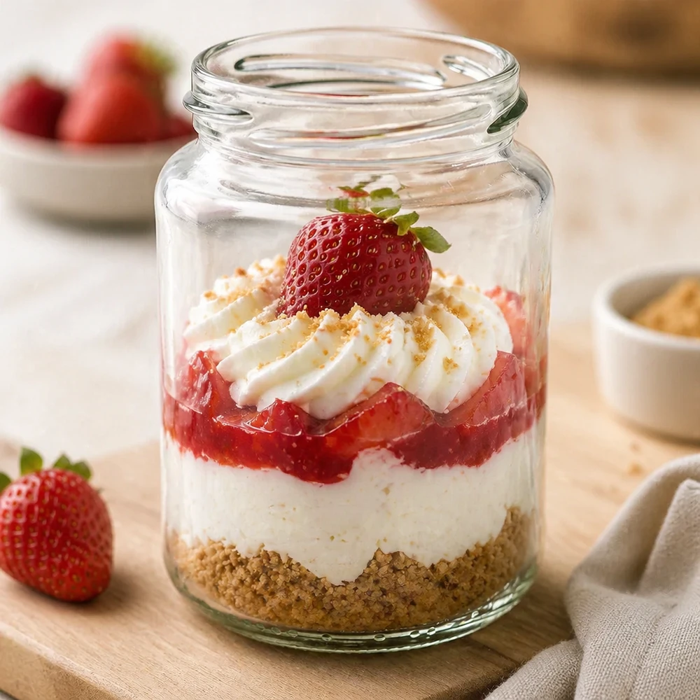 Kulatá sklenice o objemu 382 ml bez víčka (TO66) UNiTWIST UNiTWIST Runda382 Rundglas 382ml TO66 mit Erdbeer-Dessert Schichtdessert im Glas gefüllt mit Sahne und Früchten