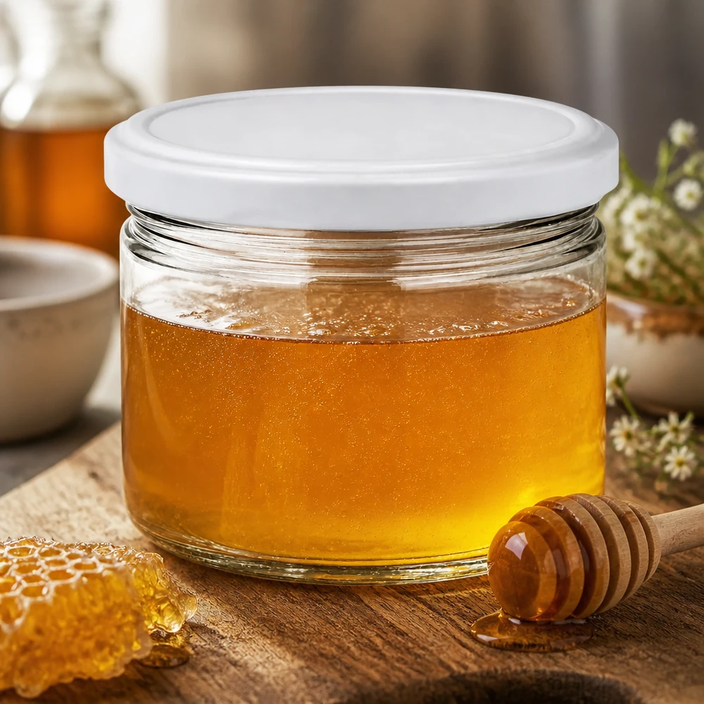 540ml kulatá sklenice s víčkem BasicSeal bílá UNiTWIST 540ml Rundglas BasicSeal weiß gefüllt mit goldenem Honig neben Bienenwabe - hochwertiges Glas für Imkerei-Produkte