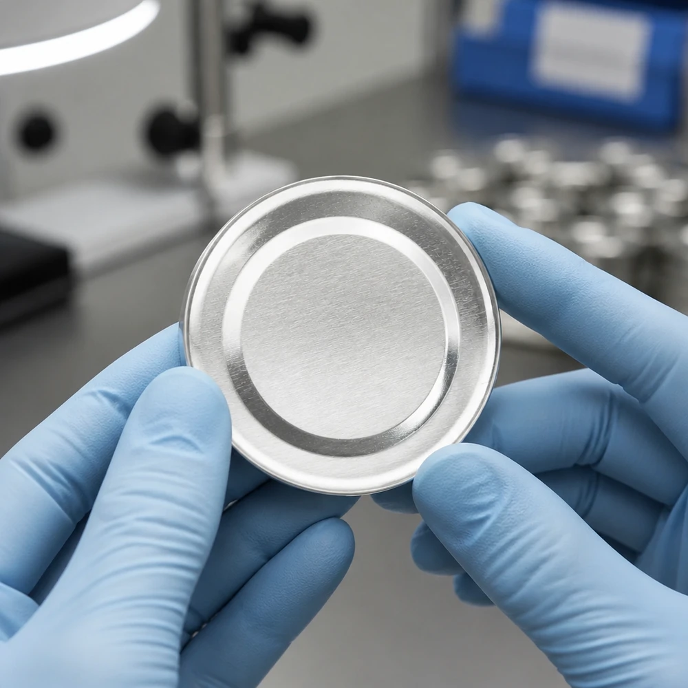 Laboratorní kontrola stříbrného víčka TO43 BasicSeal o průměru 43 mm s použitím ochranných rukavic