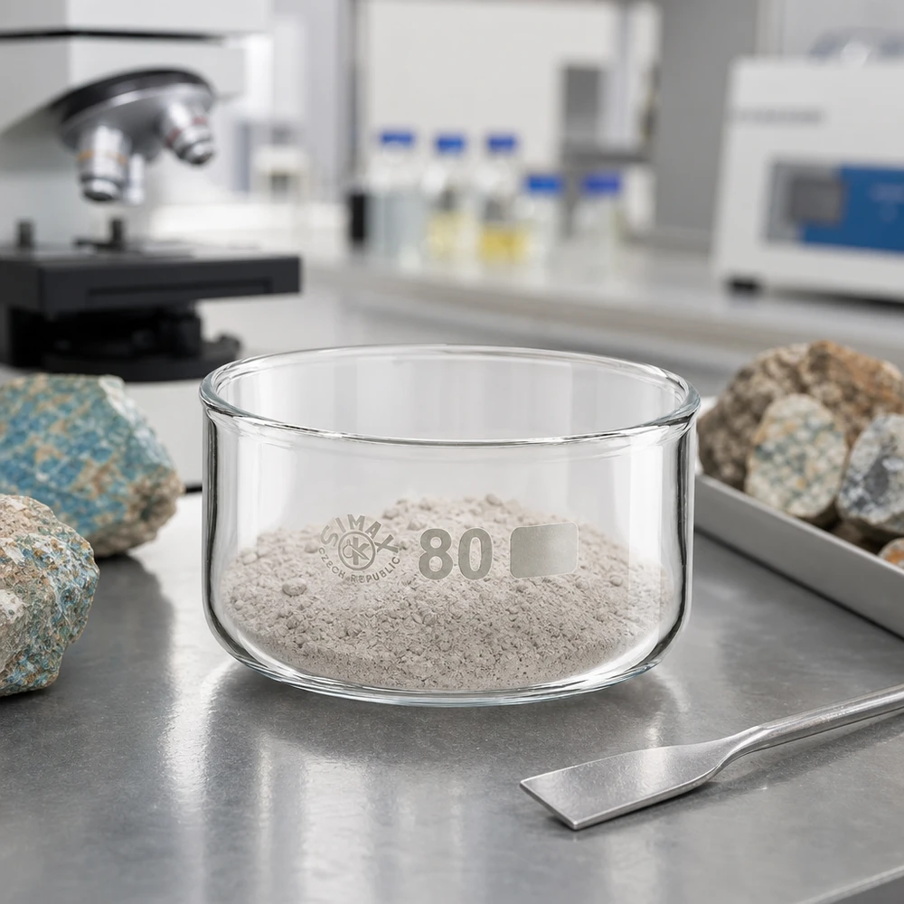Krystalizační miska 150ml bez výlevky borosilikátová ø80mm Mineralanalyse Labor Kristallisierschale 150ml SIMAX Czech Republic mit Probenpulver ø80mm