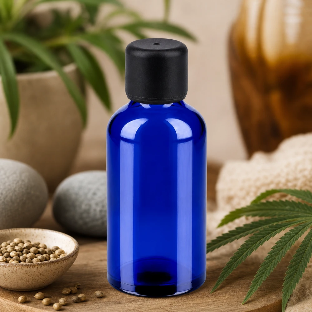 Lichtschützende blaue 50ml Glasflasche mit schwarzem 6mm Verschluss für empfindliche Substanzen