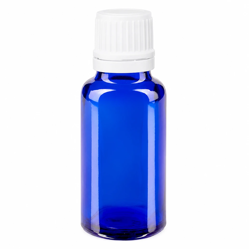 Lékárenská láhev modrá 20ml šroubovací uzávěr bílý tamper evident uzávěr. Blaue 20ml Glasflasche mit Sicherheitsverschluss weiß ideal für ätherische Öle und Tinkturen