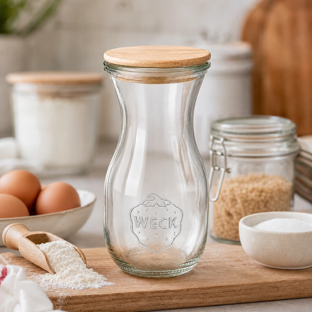 WECK Saftflasche 290ml mit Holzdeckel auf Küchenbrett zwischen Backzutaten Mehl Eiern und Vorratsgläsern