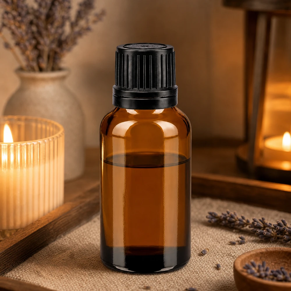 20ml Flasche aus braunem Apothekerglas mit lichtschützender Wirkung und schwarzem OV-Deckel