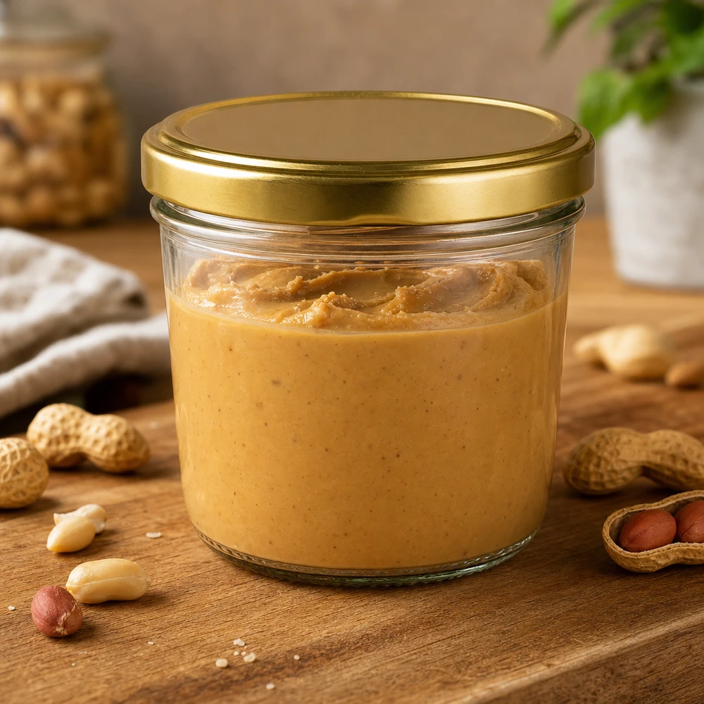 230ml tumblery s víčkem BasicSeal zlaté UNiTWIST. 230ml Sturzglas mit goldenem BasicSeal Deckel gefüllt mit Erdnussbutter umgeben von Erdnüssen auf Holzbrett