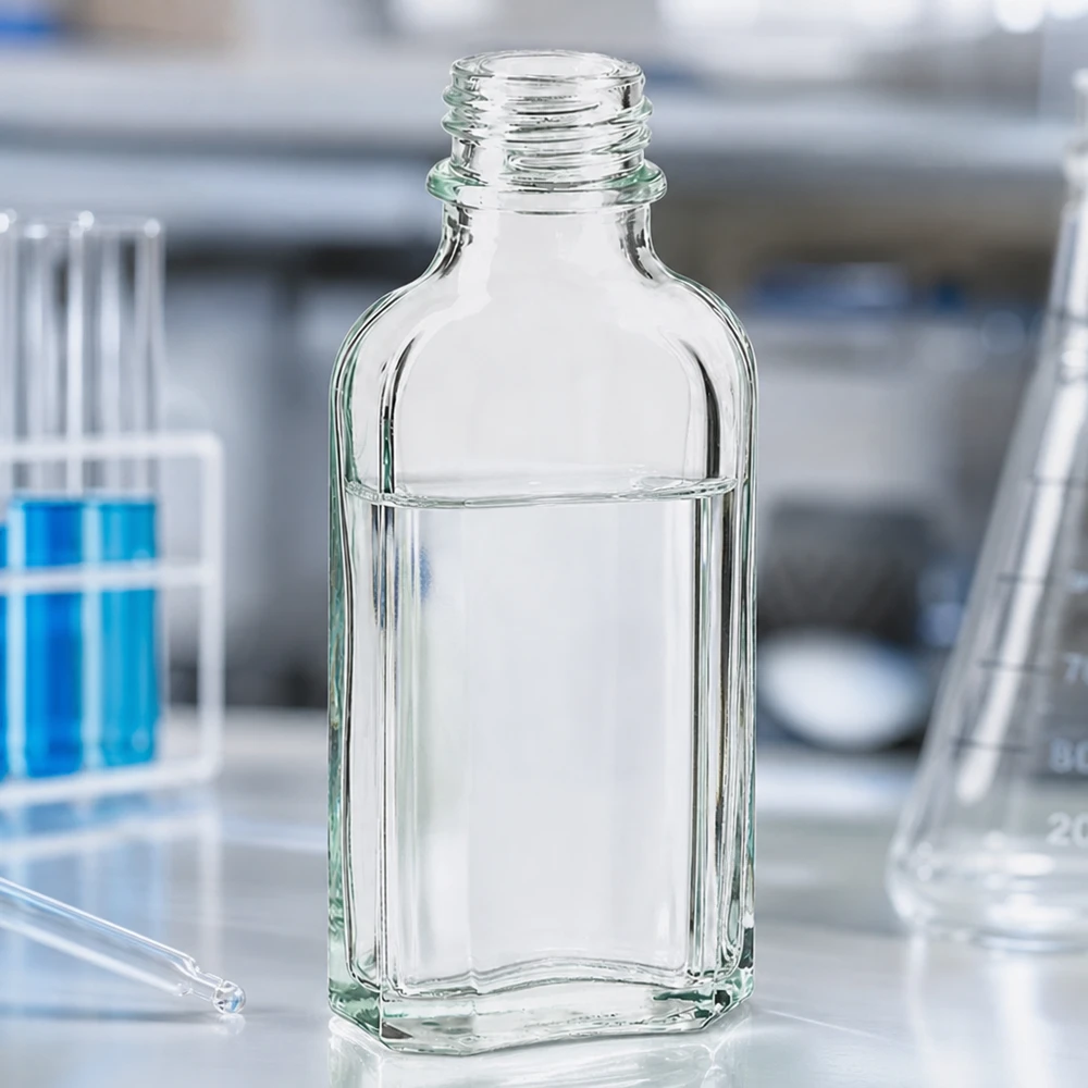 Glasflasche Meplatform 50 ml klar mit abgeflachtem Korpus und DIN22 Verschluss