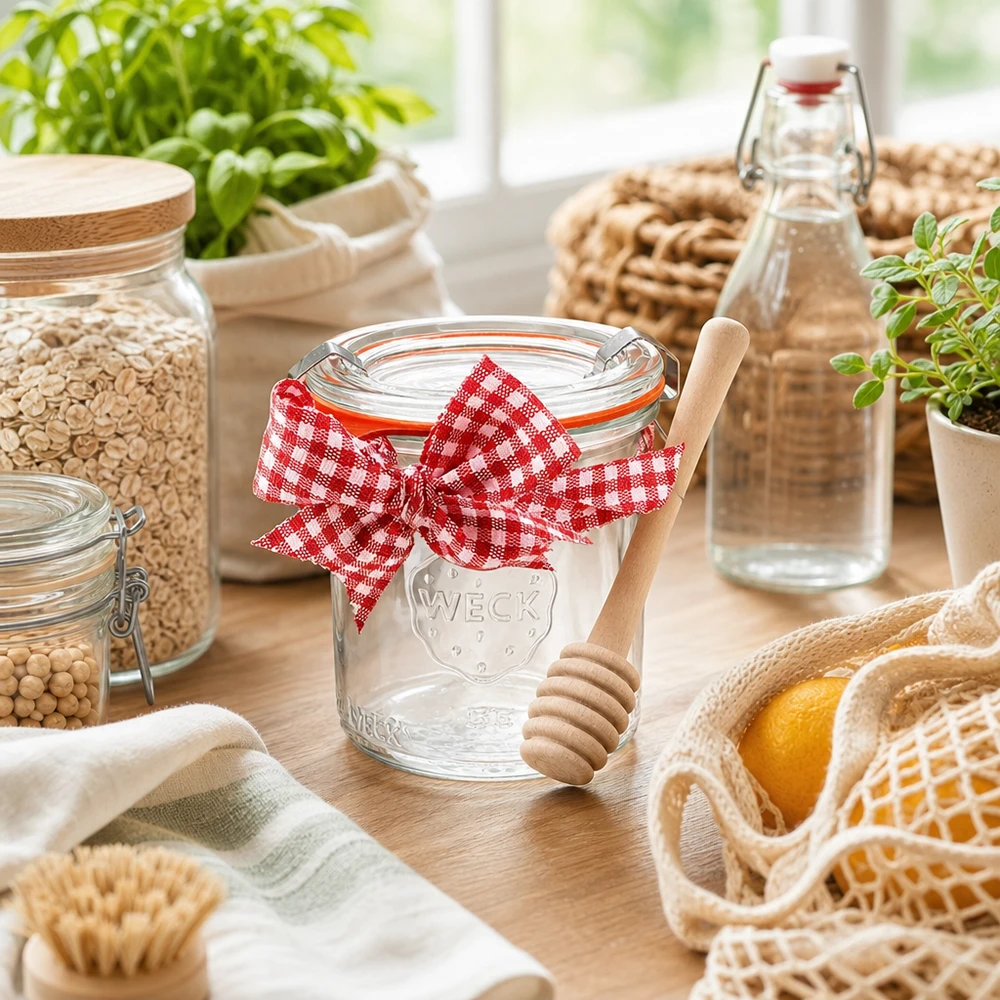 Mini sklenice WECK 140ml kompletní se lžičkou na med WECK Mini Sturzglas 140ml Komplettset Küchendekoration nachhaltige Aufbewahrung Honiglöffel Holz Kräuter Vorratsgläser