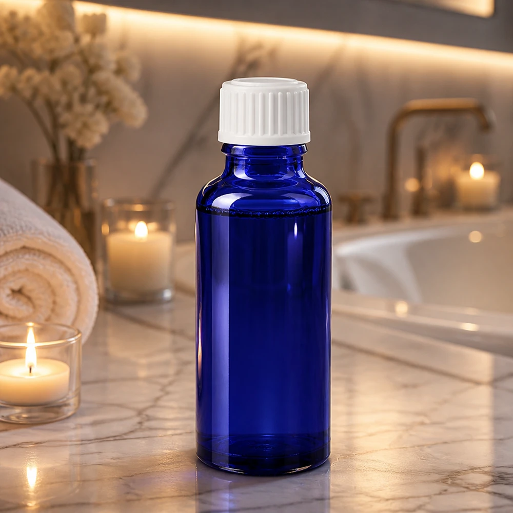 Lékárenská lahvička modrá 30ml šroubovací uzávěr bílá standardní Kobaltblaue 30ml SV-Flasche aus Apothekenglas mit weißem Deckel in entspanntem Spa-Setting