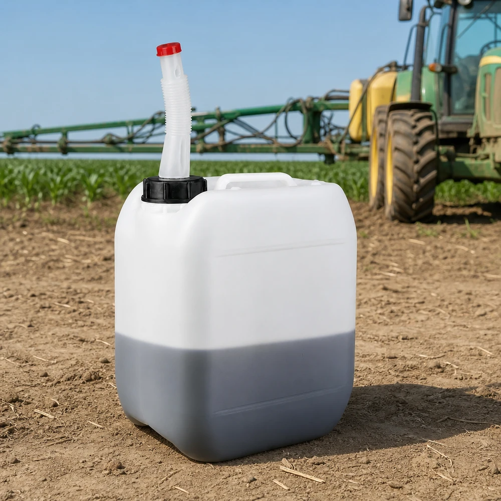 Kanystr o objemu 5 litrů s výpustnou trubkou Flex Robuster 5 Liter HDPE-Kanister mit schwarzem Schraubdeckel und flexiblem Ausgießer im Freien