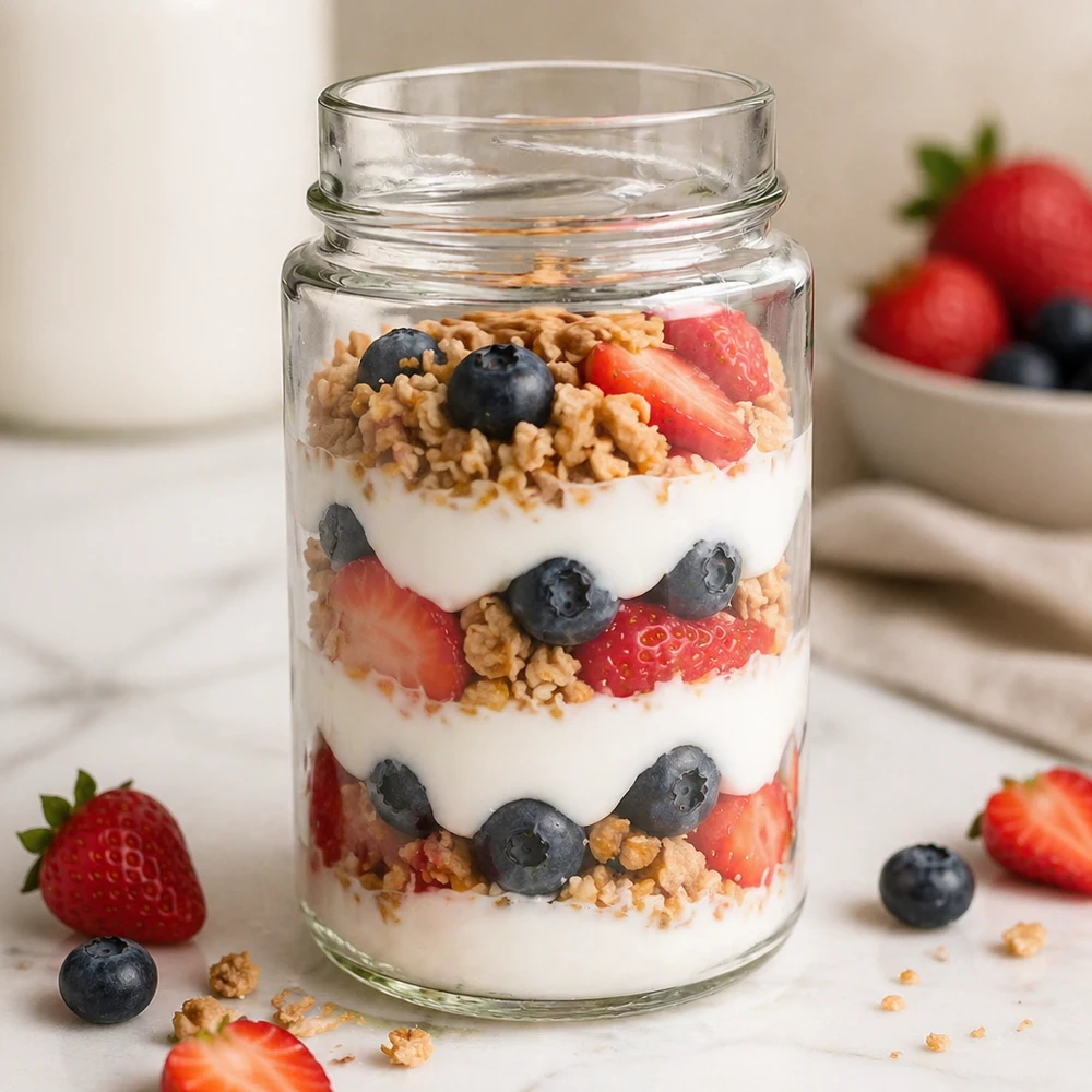 Kulatá sklenice o objemu 245 ml bez víčka (TO58deep) UNiTWIST UNiTWIST Runda245 Rundglas 245ml mit Joghurt Müsli Erdbeeren Blaubeeren geschichtet TO58deep Deckel Glas Vorratsdose