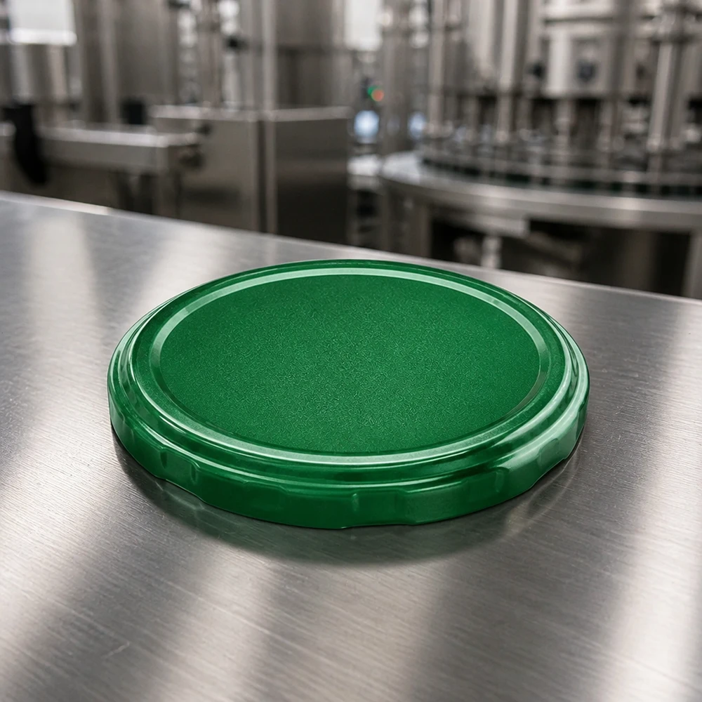 Jednotlivé zelené víčko TO82 BasicSeal o průměru 82 mm na nerezovém povrchu ve výrobním prostředí