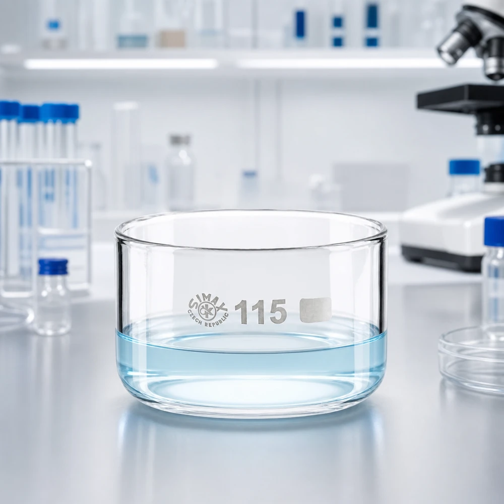 500ml krystalizační miska bez výlevky borosilikátová ø115mm 500ml Laborschale aus klarem Glas mit wässrigem Inhalt und Laborzubehör im Hintergrund