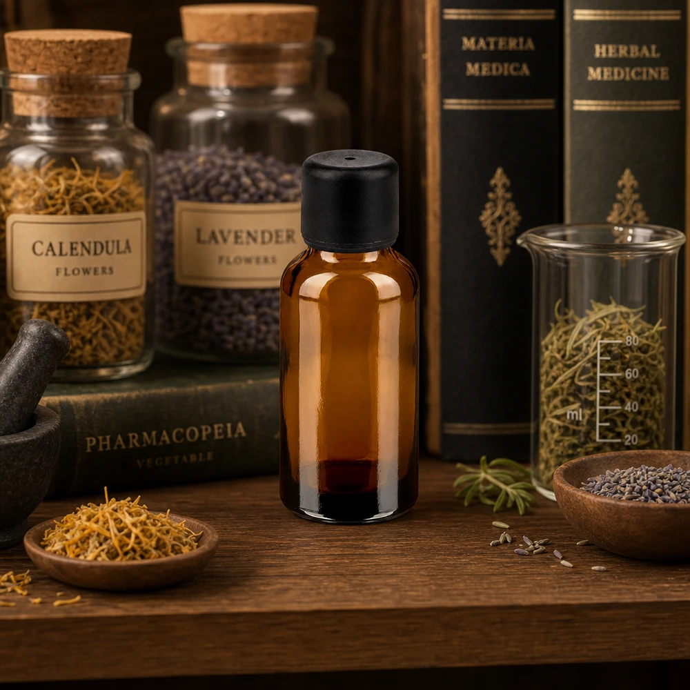 30ml Aromaflasche aus UV-schützendem Braunglas mit praktischem schwarzen Schraubverschluss