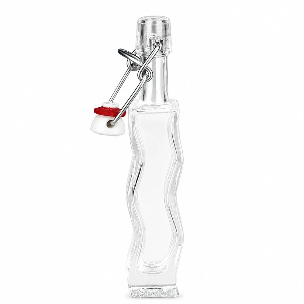 40ml Glasflasche Anna mit roter Gummidichtung am Bügelverschluss, seitliche Detailansicht der geschwungenen Form