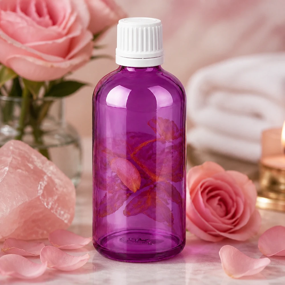 100ml láhev se šroubovacím uzávěrem 11 mm bílá Originální šroubovací uzávěr PurpleLine UT18/100 Robuste violette 100ml Glasflasche mit auslaufsicherem weissen Verschluss für sichere Aufbewahrung