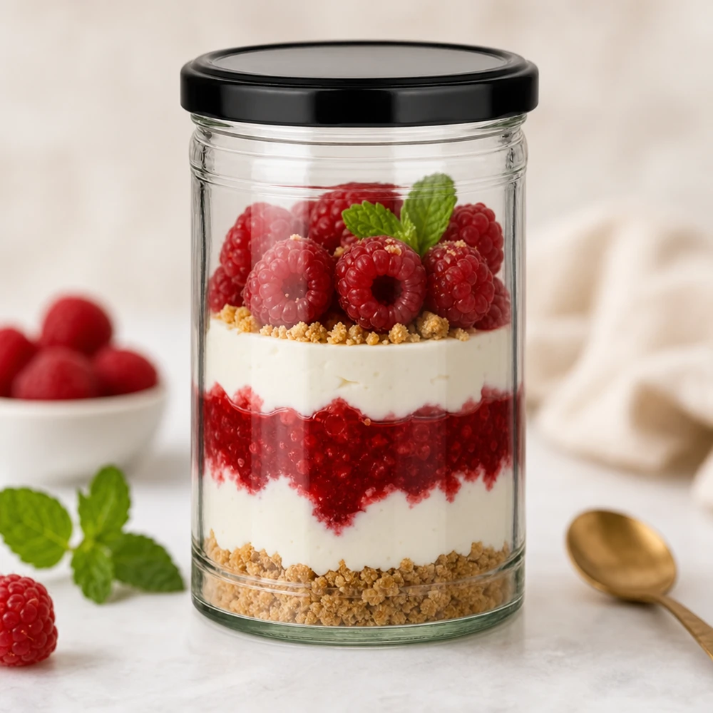 1053ml kelímky s víčkem BasicSeal černé UNiTWIST 1053ml Sturzglas mit schwarzem Deckel als Dessertglas mit Himbeer-Schichtdessert und Keksboden dekoriert mit Minze