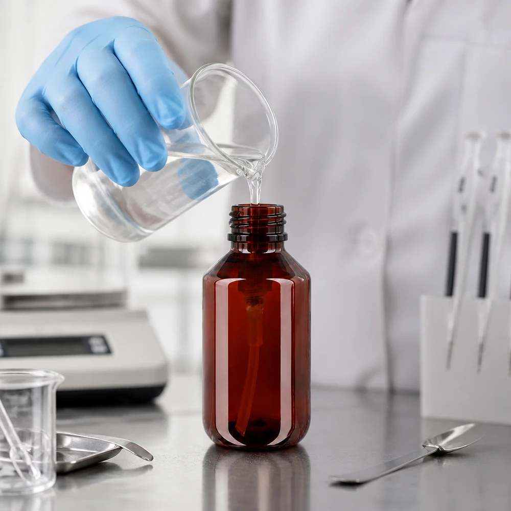 Lékárník plní čirou tekutinu do jantarové 100ml PET láhve s černým šroubovacím uzávěrem