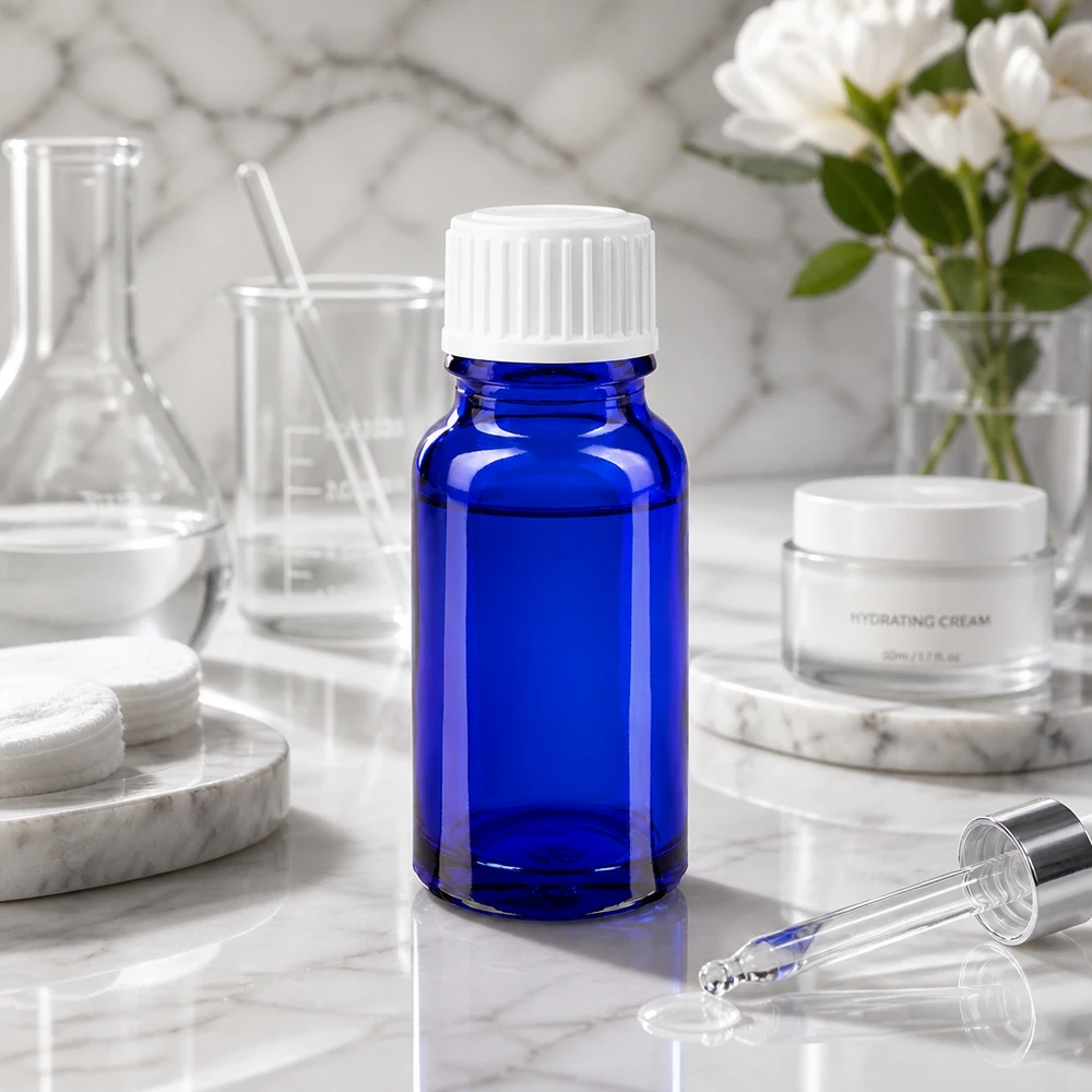 Lékárenská lahvička modrá 10ml šroubovací uzávěr bílé globule standardní. Standardglasflasche GR 10ml blau UV-schützend für Apothekenbedarf
