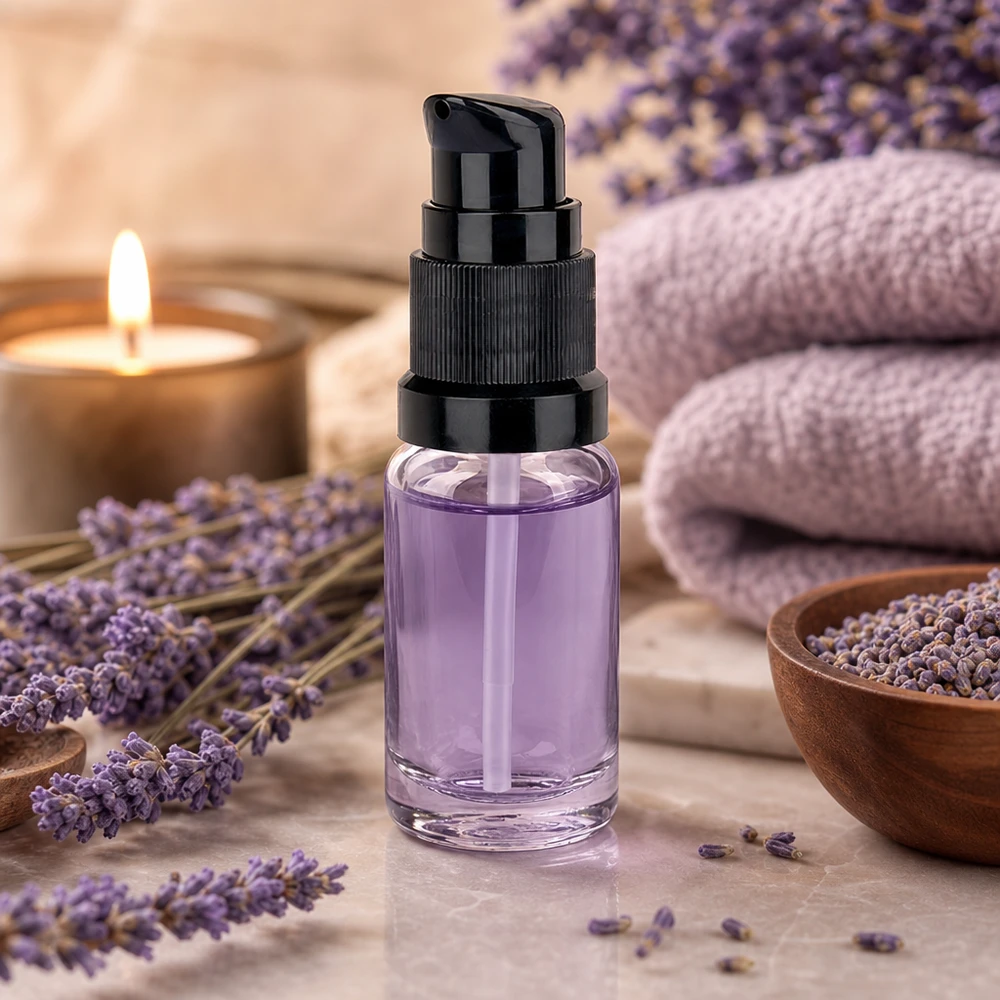 10ml lahvička s pumpičkou černá standardní uzávěr ClearLine UT18/10 Nachfüllbare 10ml Glasflasche mit Dosierpumpe für Lavendelextrakt und Pflegeseren