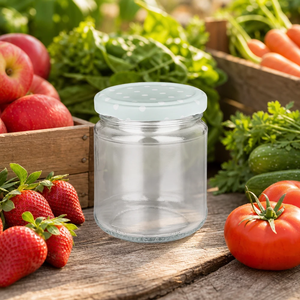 212ml kulatá sklenice + víčko BasicSeal tečky mátové UNiTWIST 212ml Rundglas leer mit mint BasicSeal Deckel Punkte, Vorratsglas zwischen frischem Gemüse und Obst im Garten