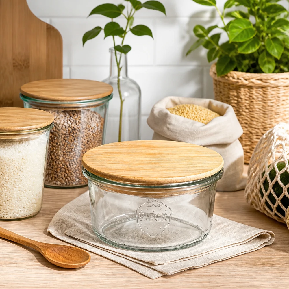 165ml tumblery WECK RR80 s dřevěným víkem buk WECK Sturzglas RR80 165ml leer mit Bambusdeckel in nachhaltiger Zero-Waste Küche mit Vorratsgläsern