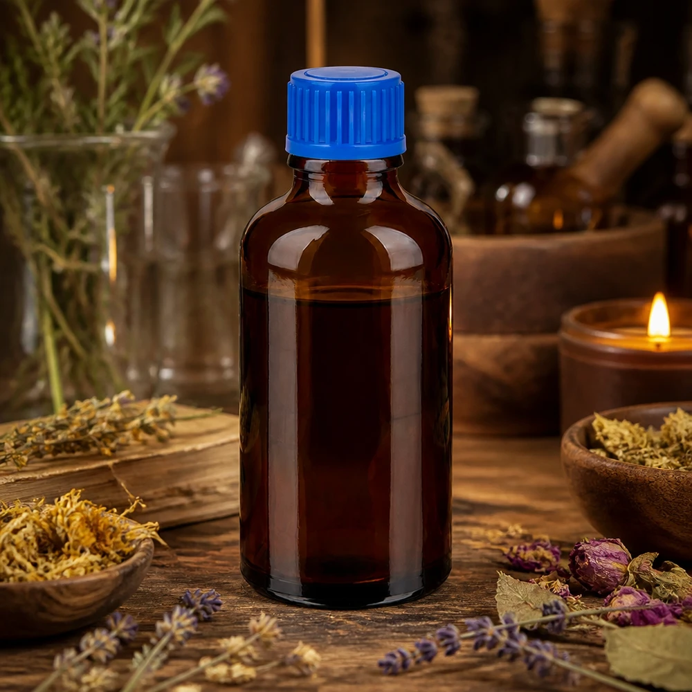 50ml láhev 11mm šroubovací uzávěr modrá Standard BrownLine UT18/50 Robuste 50ml Braunglasflasche mit dichtem blauen Deckel für sichere Lagerung
