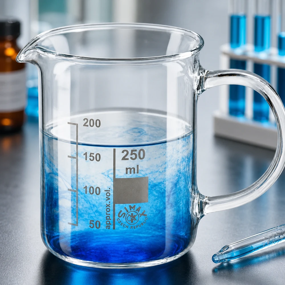Kádinka z borosilikátového skla 250ml, s rukojetí Chemieglas 250ml mit Henkel und Volumenskala gefüllt mit blauer Kupfersulfatlösung