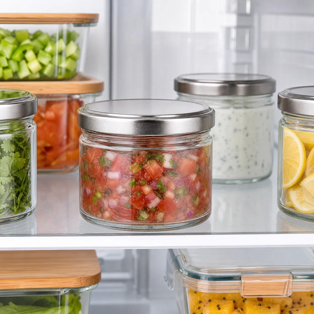 540ml kulatá sklenice + víčko BasicSeal stříbrné matné UNiTWIST 540ml Rundgläser mit silbernen Deckeln im Kühlschrank, Meal Prep Container für Salsa und vorgeschnittenes Gemüse