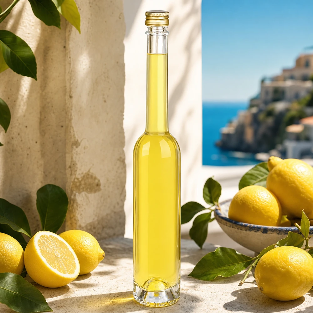 100ml Glasflasche Toni mit Zitronenlikör befüllt - UNiTWIST Goldverschluss in mediterraner Kulisse mit Zitronen