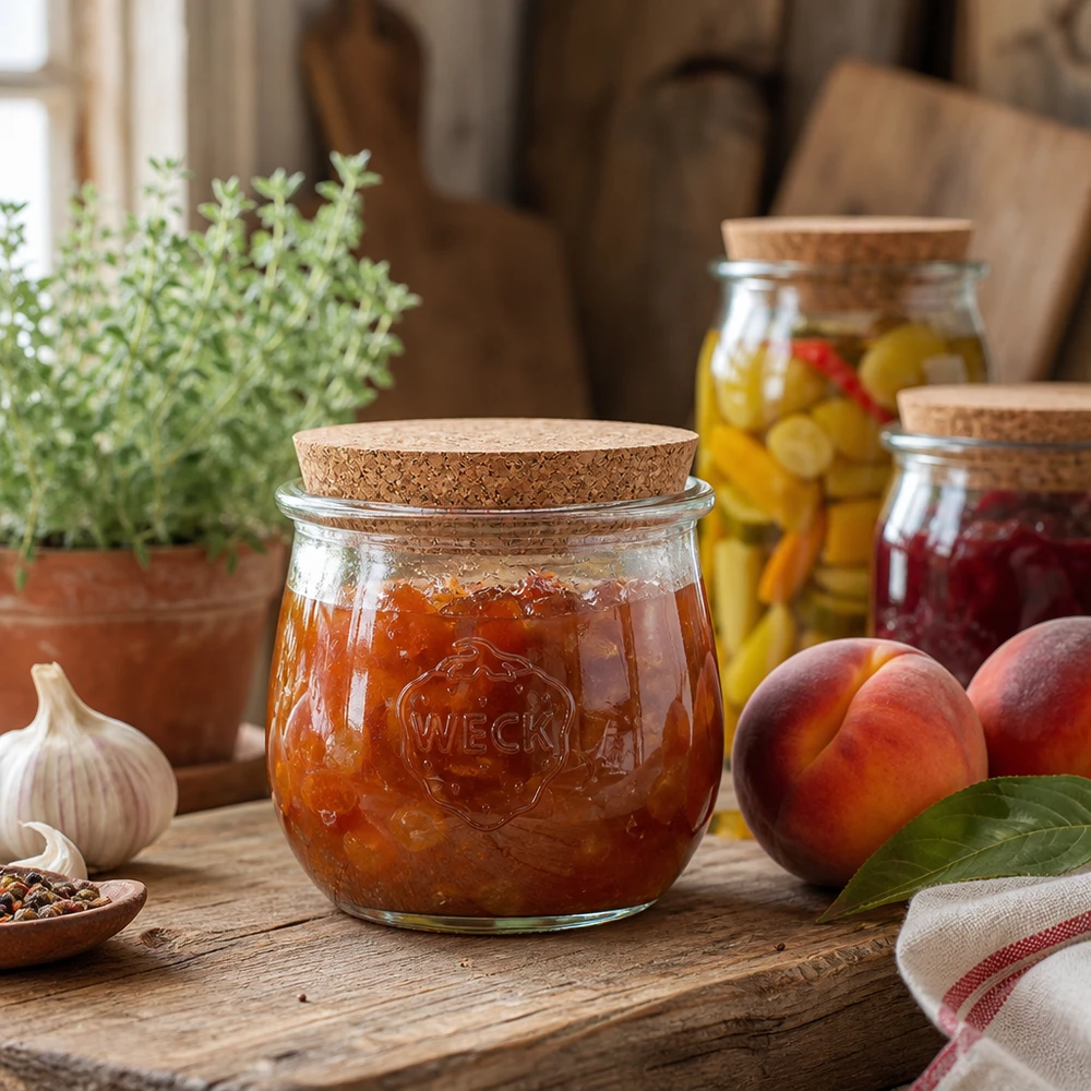 WECK Einmachglas 370ml mit Korkdeckel gefüllt mit Marmelade in rustikaler Küche neben frischen Pfirsichen
