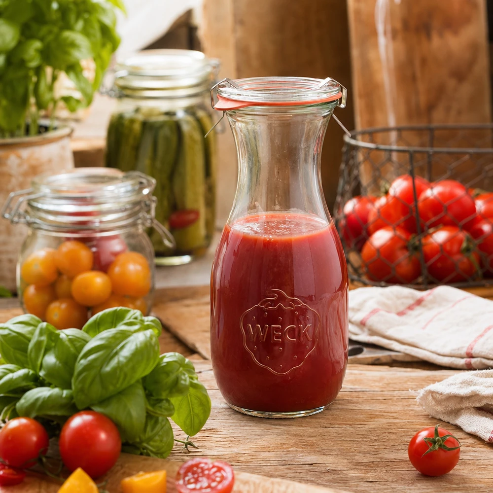 WECK Saftflasche 530ml mit Tomatensaft auf Holztisch umgeben von frischen Tomaten und Basilikum in Küche