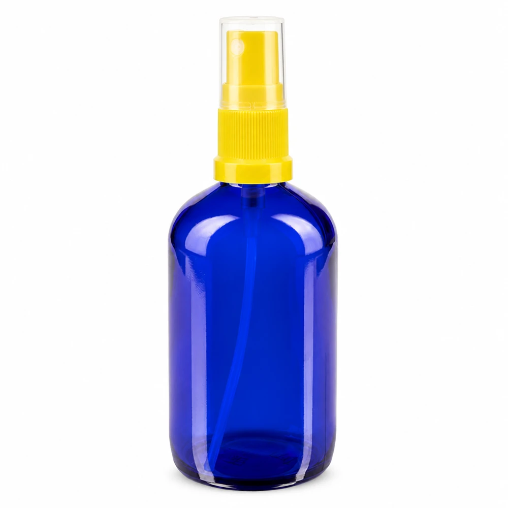 Lékárenská lahvička modrá 100ml s rozprašovacím uzávěrem žlutá Blaue UV-Schutz Glassprayflasche 100ml mit gelbem Pumpmechanismus Standard ApoGlas