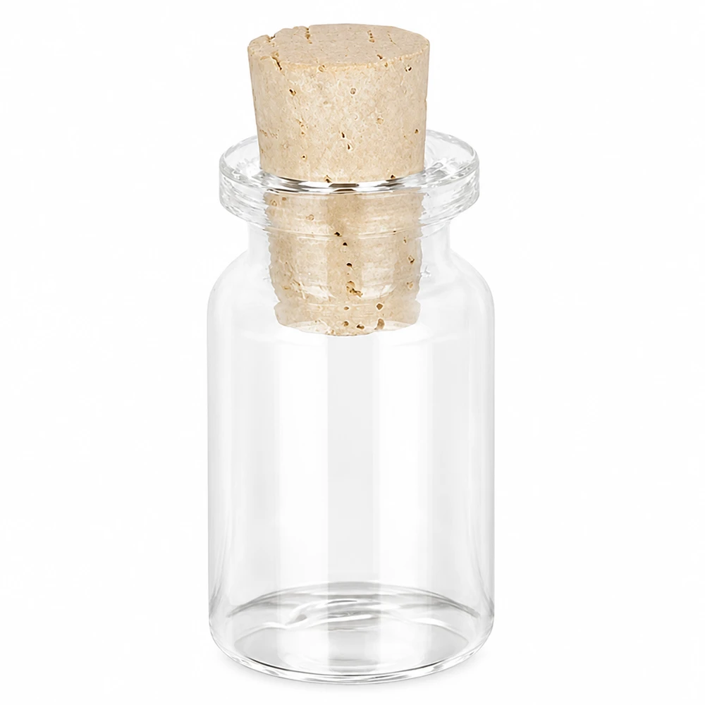 Skleněná lahvička z čirého skla 5 ml se zátkou 11/14 mm Durchsichtige Glasflasche 5ml mit hellem Naturkorkverschluss für Schmuck und Bastelprojekte